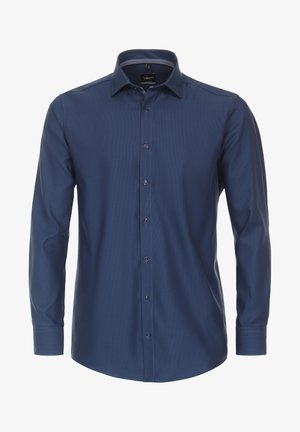 Marineblauwe langslavige shirt met een geblokt patroon, klassieke kraag en knoopsluiting aan de voorkant. Voorzien van contrasterende knopen en gestikte manchetten.