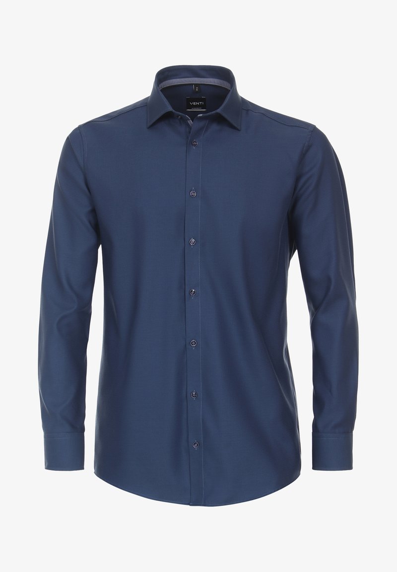Marineblaues langärmliges Hemd mit kariertem Muster, klassischem Kragen und durchgehender Knopfleiste. Verfügt über kontrastierende Knöpfe und bestickte Manschetten.