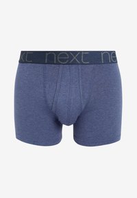 Muške bokserice od teksturirane, tamnoplave tkanine s kontrastnim plavim pojasom na kojem se ponavlja "next" logo.
