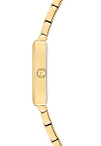 Goldfarbene Metall-Uhr mit rechteckigem Gehäuse, glatter Oberfläche und Gliederarmband. Verfügt über eine kleine Krone an der Seite und ein weißes Ziffernblatt.