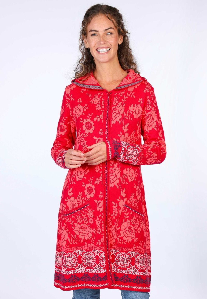 Roter hoodie Mantel mit Blumendruck, Frontknöpfen, Taschen vorne und dekorativen Verzierungen. Verfügt über eine weiche Textur und ein lässiges Schnittdesign.