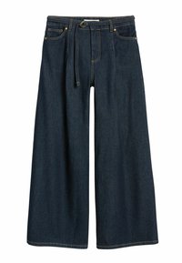Mörkblå denimbyxor med vida ben och hög midja, med ett bältesdesign, två framfickor och gyllene sömnadsdetaljer.
