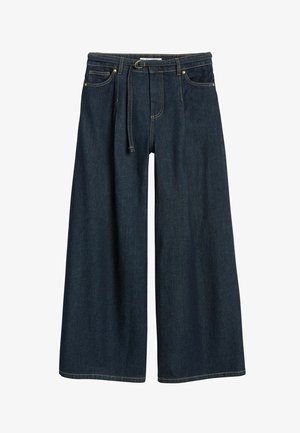 Dark blue denim wide-leg pants with a high waistband, featuring a belted design, two front pockets, and golden stitching accents.