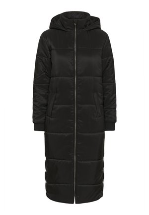 Ilgas juodas pūkinis paltas su kapišonu, turintis priekinį užtrauktuką, šonines kišenes ir megztus rankogalius. Lygi, blizganti medžiaga su siuvinėtomis sekcijomis.