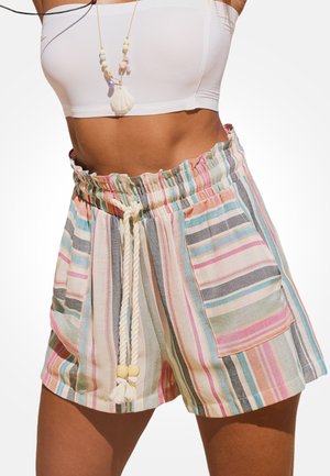 Gestreepte linnen shorts met een elastische tailleband, trekkoordsluiting en zijzakken. Verkrijgbaar in de kleuren roze, blauw, crème en grijs.