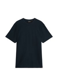 Donkerblauwe t-shirt met korte mouwen en een ronde hals, gemaakt van textuurstof. Beschikt over een klein logo-accent op de onderste zoom.
