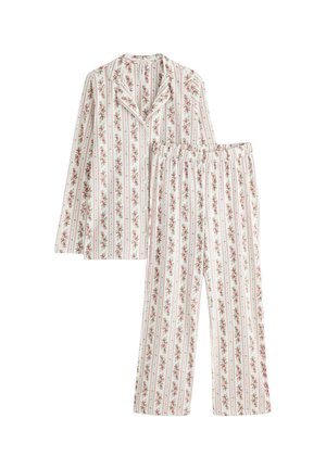 Bomulds pyjamas sæt med en hvid baggrund, der har lodrette røde og grønne blomsterstriber. Omfatter en knap-op top med krave og bukser med elastisk talje.