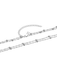 Silberne Kettenhalskette mit verdrehten Strängen, kleinen runden Perlen und einem Karabinerverschluss. Verfügt über eine verstellbare Kette für unterschiedliche Längenvariationen.