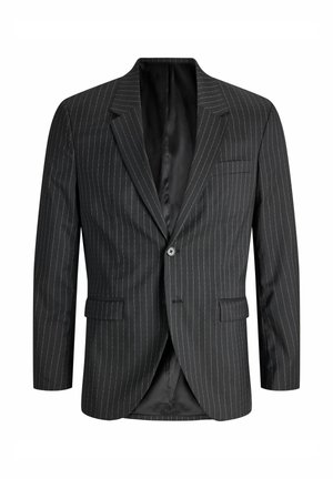 Crni jednopresavkani sako na prugice s reverima s usjekom, prednjim džepovima s poklopcem i unutrašnjim satenskim postavom, prikazan sprijeda.