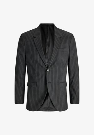 Crni jednopresavkani sako na prugice s reverima s usjekom, prednjim džepovima s poklopcem i unutrašnjim satenskim postavom, prikazan sprijeda.