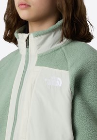 Jachetă fleece verde deschis cu accente crem, prevăzută cu guler înalt și fermoar frontal. Include un logo brodat pe buzunarul de la piept.