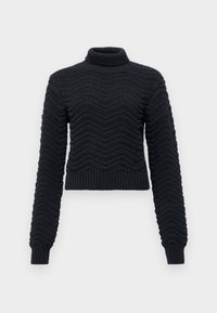 Pull court bleu foncé avec un col montant, arborant un motif en zigzag texturé et des poignets et une base côtelés. Tissu tricoté.