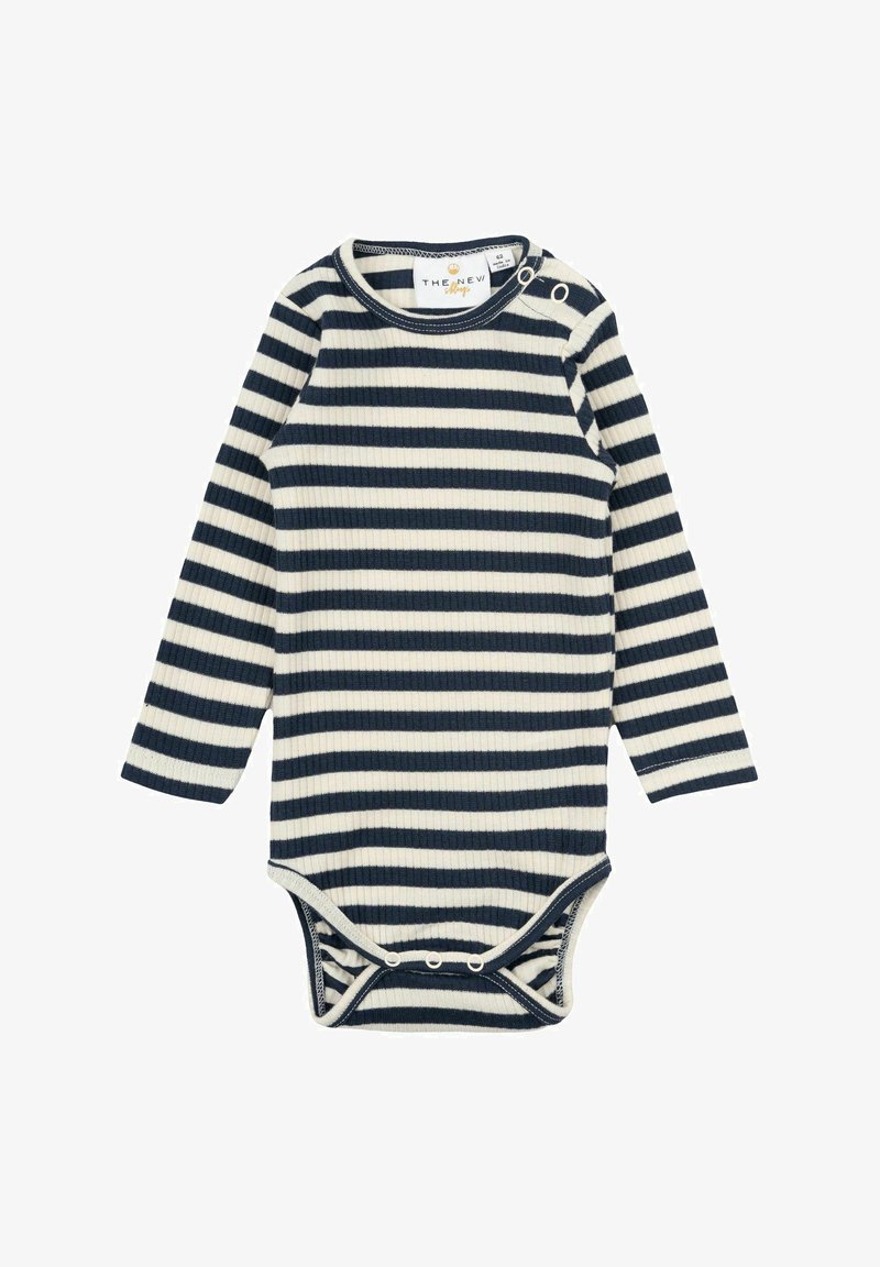 Bodysuit za bebe s dugim rukavima u mornarsko plavim i krem smešnim horizontalnim prugama, rebrasta tekstura, kopčanje na ramenu i dnu za jednostavno oblačenje.