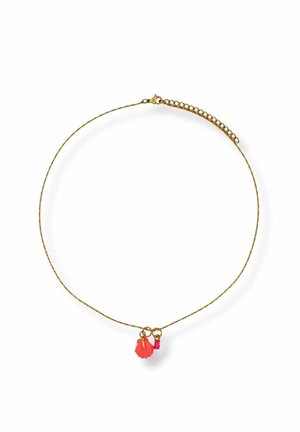 Delicate gold chain necklace with a small pink shell charm and a tiny pink gemstone pendant on a white background.