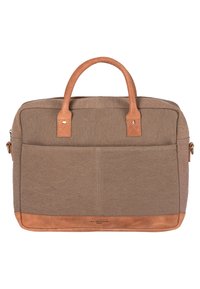 Brown canvas laptop bag with leather accents, dual handles, and a front pocket. Features a structured shape and stitched details.