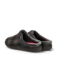 Un par de pantuflas de cuadros en gris y negro, tipo slip-on, con suave forro de piel sintética gris y suelas de goma negra.