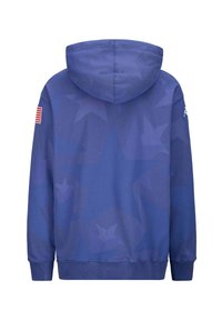 Felpa con cappuccio blu con motivo a stelle, polsini e orlo a costine, e una patch della bandiera americana sulla manica sinistra.