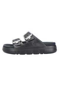 Schwarze Sandalen mit zwei verstellbaren metallischen Schnallen, strukturiertem Synthetik-Obermaterial, gepolstertem Fußbett und gummierter Sohle mit rutschfester Oberfläche.