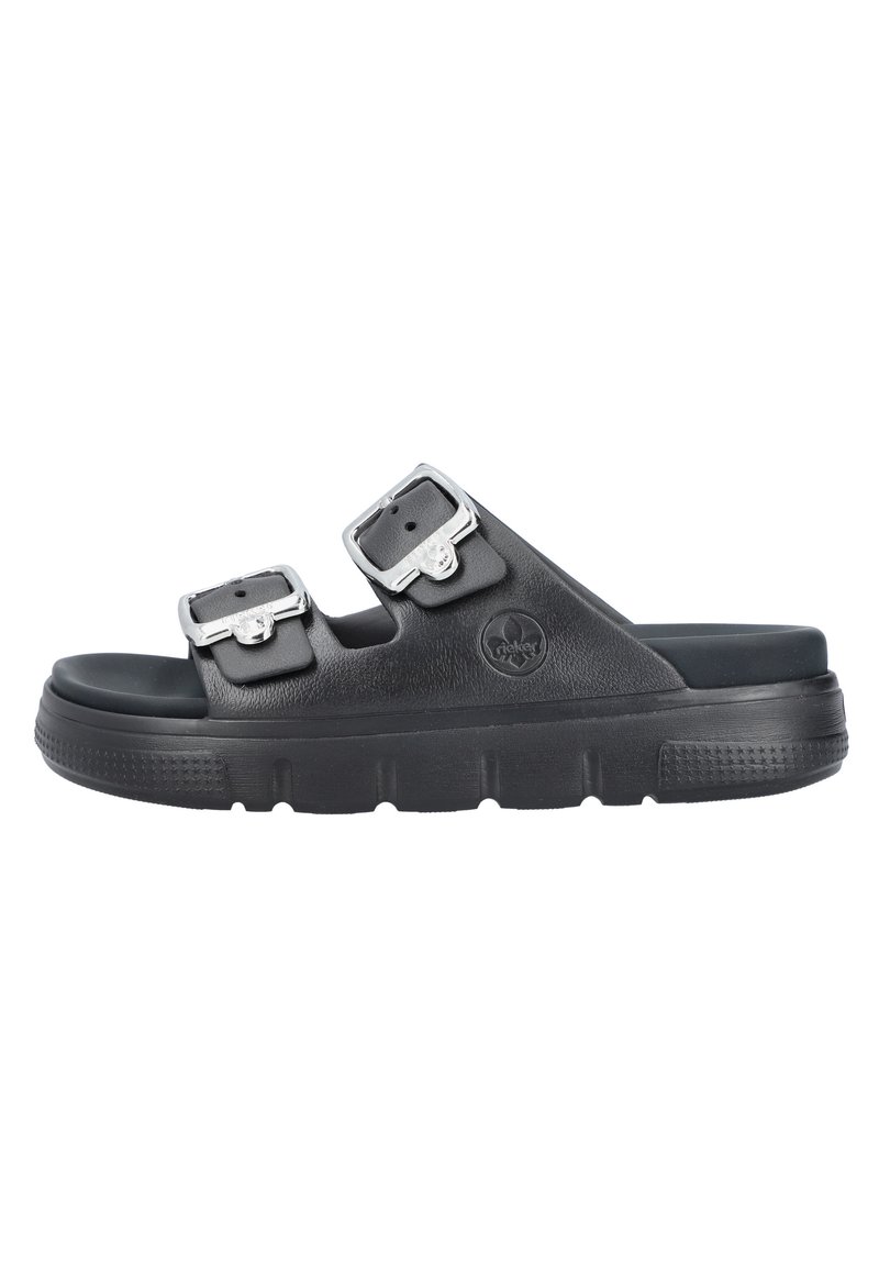 Schwarze Sandalen mit zwei verstellbaren metallischen Schnallen, strukturiertem Synthetik-Obermaterial, gepolstertem Fußbett und gummierter Sohle mit rutschfester Oberfläche.
