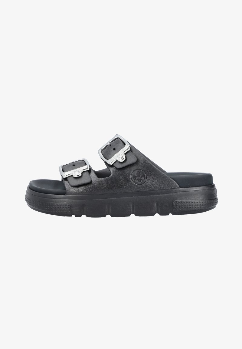 Black sandal with two silver buckles, made of textured rubber material, featuring a contoured footbed and a thick rubber sole for support.