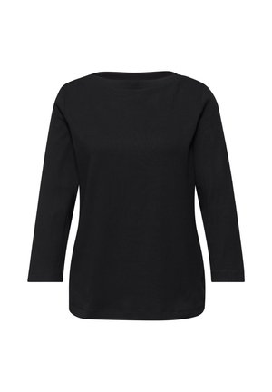 Sort, langærmet ribstrikket top med en let rundet kant og en bådudskæring, vist bagfra på en hvid baggrund.
