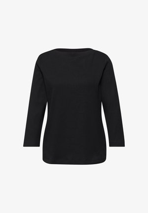 Czarna, długorękawowa dzianinowa bluzka z prążkowanego materiału z lekko zaokrąglonym dołem i dekoltem typu łódka, widoczna od tyłu na białym tle.