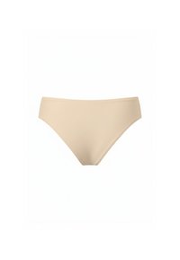Beige bikinibroekje met een gladde textuur, mid-rise ontwerp en klassieke pasvorm. Heeft strakke lijnen en een eenvoudig silhouet.