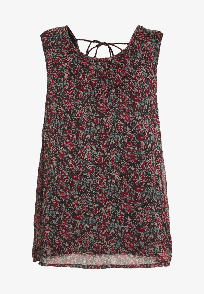 Haut sans manches à motifs floraux dans des teintes foncées, présentant un col froncé, un détail noué dans le dos, et un tissu léger et ample avec une texture douce.