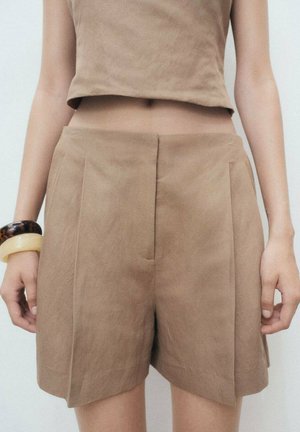 Bruine shorts van gestructureerde stof, voorzien van voorplooien en een getailleerde snit, gecombineerd met een bijpassende crop top. Duidelijke randen en eenvoudig ontwerp.