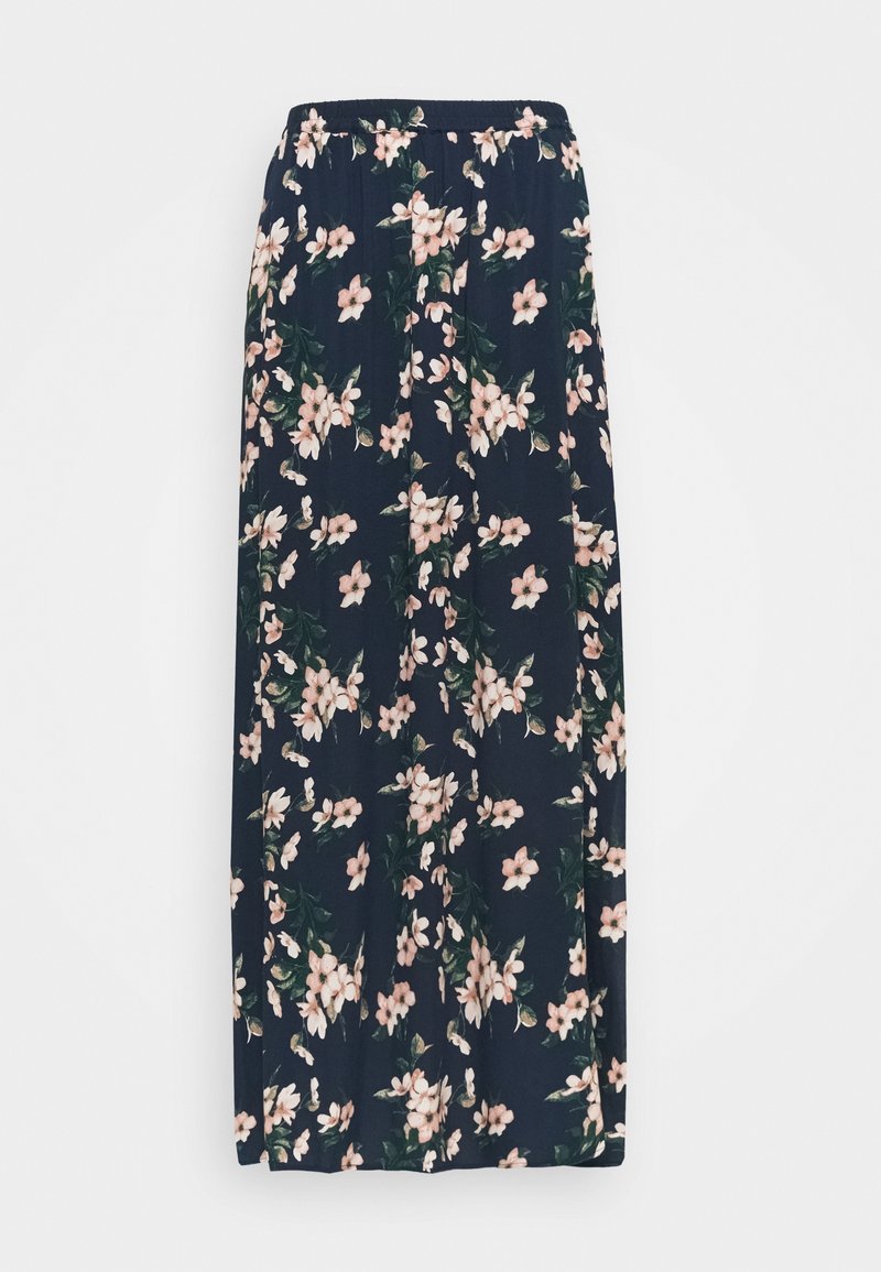 Jupe maxi florale avec une taille élastique, présentant un fond bleu marine et des motifs de fleurs roses et vertes éparpillées. Texture de tissu douce.