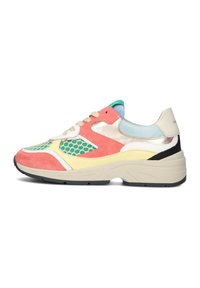 Multikleurige sneaker met roze, groene en gele suede, gaasaccenten, een metallic afwerking en een zwart en crème rubberen zool.