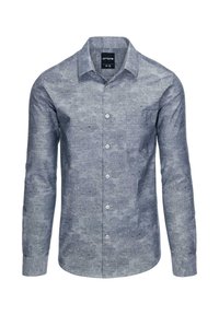 Chemise pour homme à manches longues avec boutons, de couleur grise avec un subtil motif floral foncé et un col étalé.