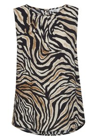 Mouwloze top in crème, zwart en bruin zebra print; beschikt over een geplooide halslijn en een gladde textuur; ronde zoom.