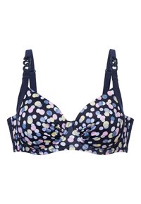Námornícky modrá podprsenka s potlačou bodiek v pastelových farbách. Má tvarované košíky, nastaviteľné ramienka a zhrnuté stredové miesto. Hladký povrch látky.