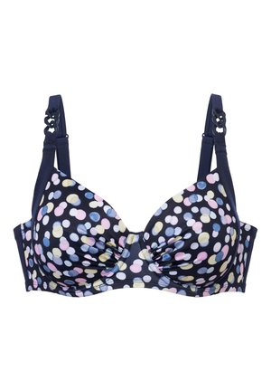 Navy blue bra with polka dot print in pastel colors. Features molded cups, adjustable straps, and a gathered center. Smooth fabric texture.