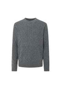 Grau gestrickter Pullover mit einem gerippten Rundhalsausschnitt und strukturiertem Zopfmuster über die gesamte Fläche. Langärmelig mit einem enganliegenden Handgelenk.