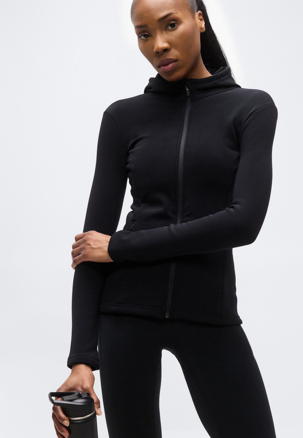 FUR LINED HOODED HIGH NECK FULL ZIP SPORTS JACKET WITH ZIP POCKETS