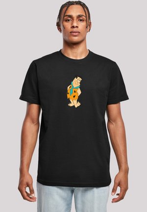Black cotton T-shirt featuring a cartoon character printed at the center, wearing an orange outfit with black spots and a blue scarf.