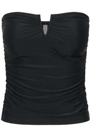 Black strapless ruched top with a small central V-cut at the neckline and gathered fabric texture throughout.