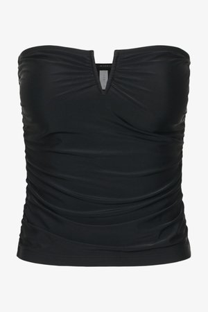 Black strapless ruched top with a small central V-cut at the neckline and gathered fabric texture throughout.