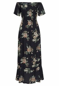 Floral maxi-jurk van zwarte stof met een off-shoulder ontwerp, korte mouwen, een geplooide taille en een volants zoom. Bevat grote, kleurrijke bloemenpatronen.