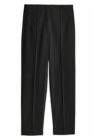 Black tailored trousers with a straight fit, featuring two front pleats, a flat front, and a smooth fabric texture.