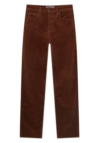 Bruine corduroy rechtpijpen broek met een knoopsluiting, twee voorzakken en een zachte textuur. Geen zichtbare patronen of accenten.