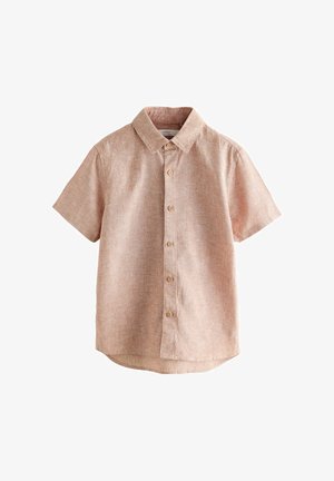 Lühikeste varrukatega helepruun nööbitav särk kraega, kuue nööbiga ja kergelt kõverdatud äärega, esitatud lamedalt valgel taustal.