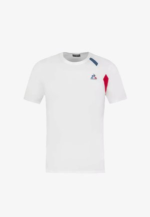 White short-sleeve t-shirt, featuring blue and red accents on the shoulders, and a logo at the chest. Made from lightweight fabric.