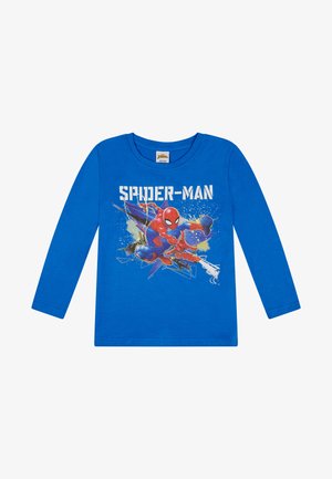 Blue long-sleeve t-shirt made of cotton, featuring a colorful Spider-Man graphic and bold "SPIDER-MAN" text on the front.
