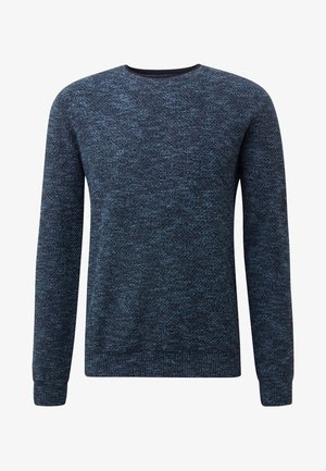 Maglione blu navy con scollo rotondo, maniche lunghe, motivo a maglia strutturata e polsini e orlo a coste. Tessuto morbido con tonalità sfumate.
