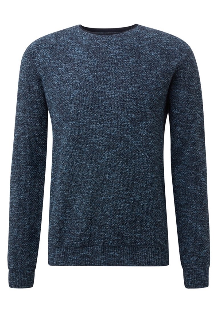 Granatowy sweter o kroju w serek z długimi rękawami, teksturowanym wzorem dzianiny oraz ściągaczami przy mankietach i dole. Miękka tkanina o mieszanych odcieniach.