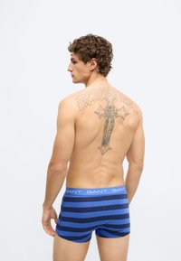 Modro in mornarsko modro črtasto spodnje perilo z elastičnim pasom, na hrbtni strani je viden dizajn tetovaže, kratka dolžina nogavic.