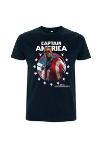 Camiseta de algodón negra con un gráfico impreso del Capitán América, con acentos en rojo, blanco y azul, rodeado de estrellas blancas.